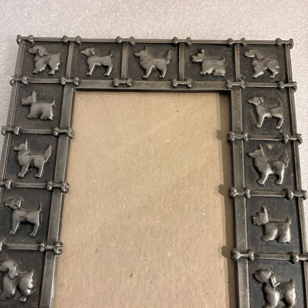 Pewter Picture Frame W/4 Dogs Faces & Trimmed W/ Dog Silhouette & Bones. 4”x6”